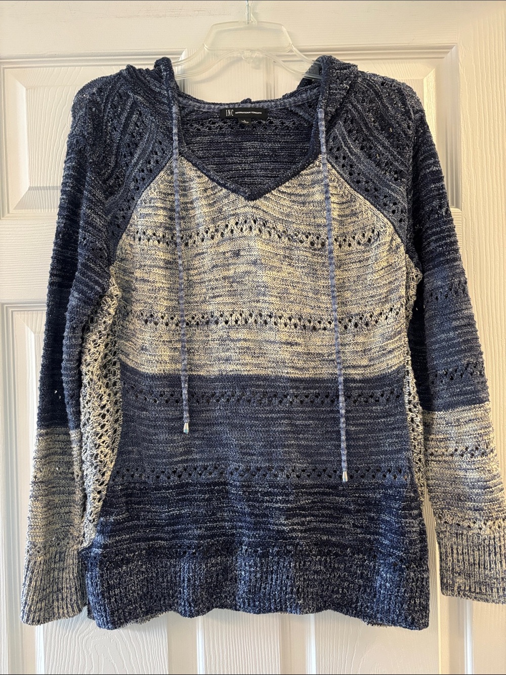 INC International Concepts Navy and Light Blue Ombre V-Neck Hoodie Sweater